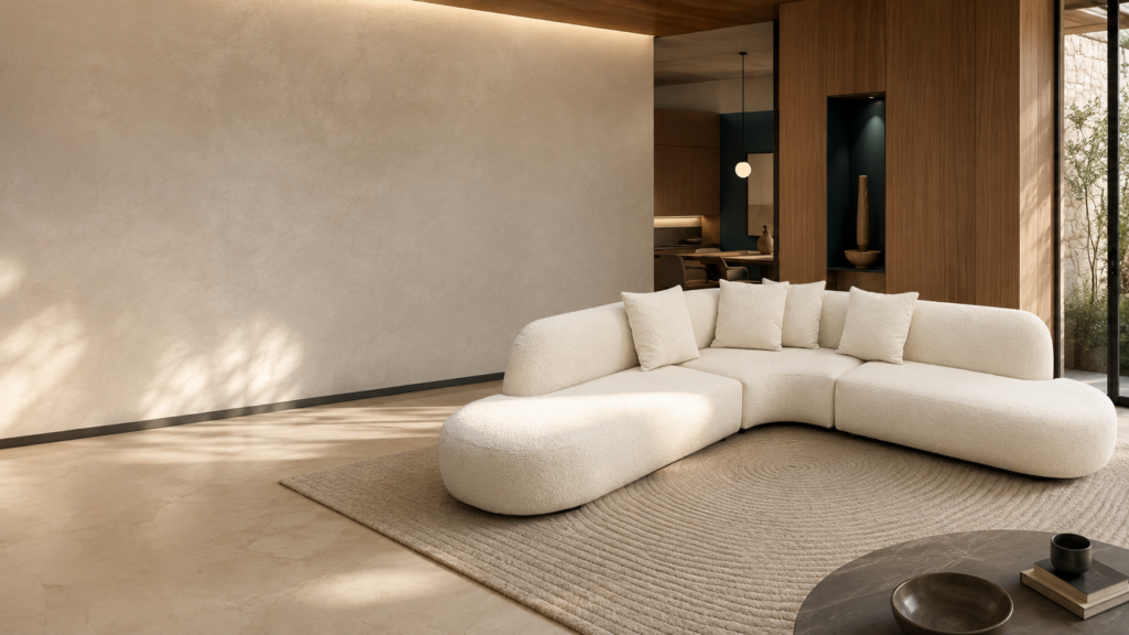 Sofá modular curvo color crema fabricado por CABLAN Studio