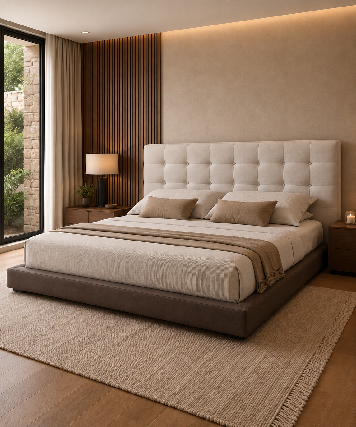 Cabecera tapizada y base de cama fabricadas por CABLAN Studio